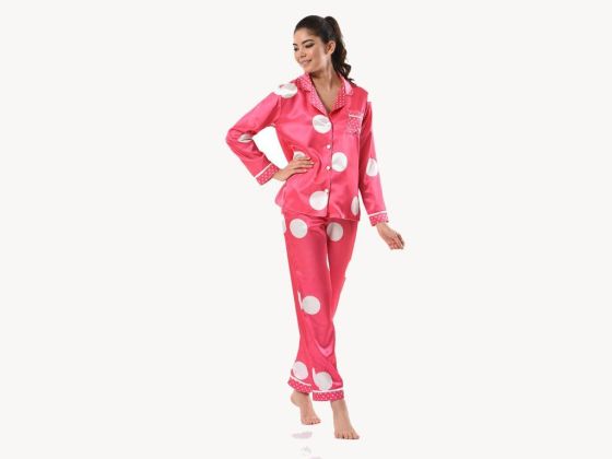 Nokta Desenli Saten Pijama Takımı 5620 Nar Çiçeği