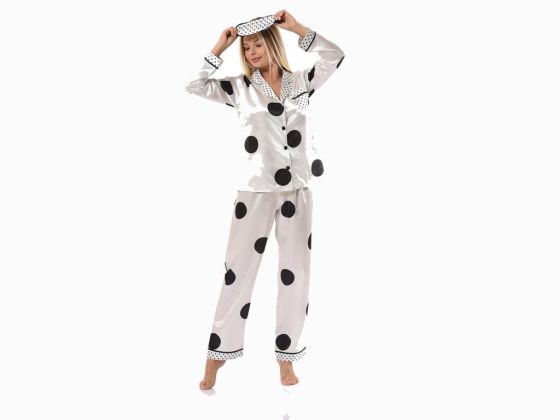 Nokta Desenli Saten Pijama Takımı 5623 Beyaz