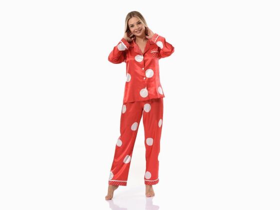 Nokta Desenli Saten Pijama Takımı 5626 Kırmızı