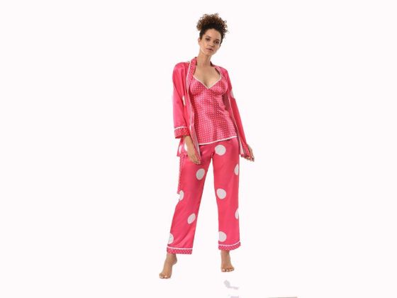 Nokta Desenli Saten 3 Lü Pijama Takımı 8520 Nar Çiçeği