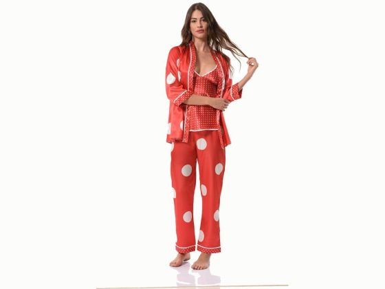 Nokta Desenli Saten 3 Lü Pijama Takımı 8526 Kırmızı