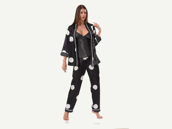 Nokta Desenli Saten 3 Lü Pijama Takımı 8529 Siyah